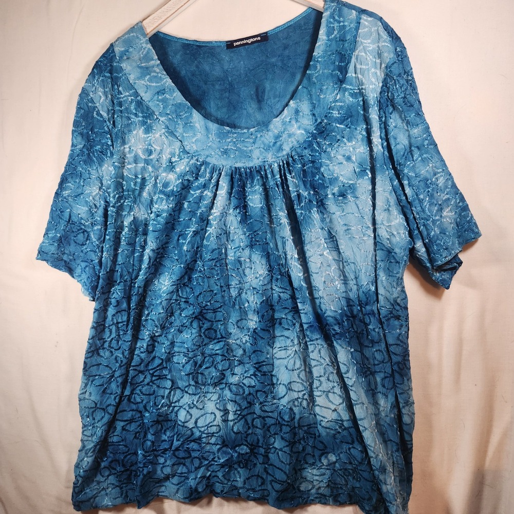 Penningtons Blue Tie Dye Textured Scoop Neck Short Sleeve Blouse Plus Size